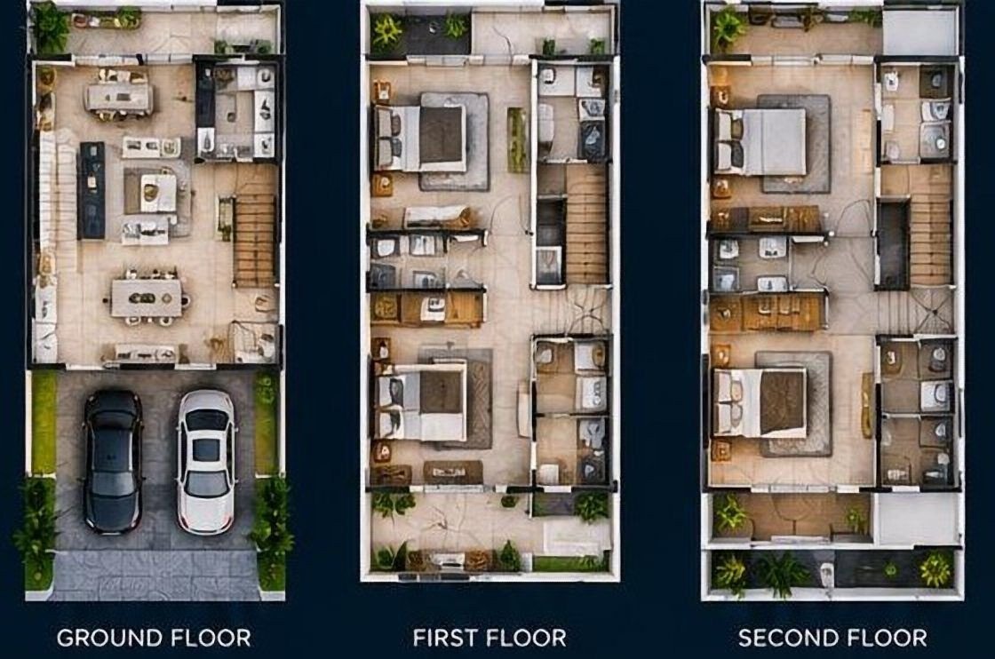 Guzape 5-bedroom terrace: ground, first and second floor plans