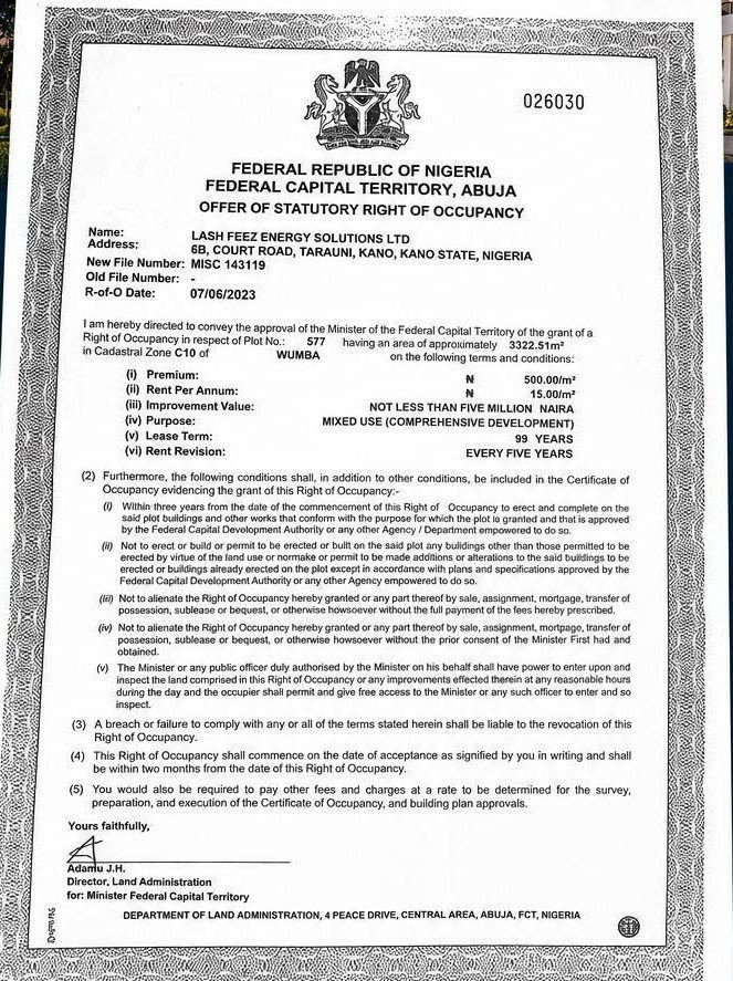 Offer of Statutory Right of Occupancy, Plot 577