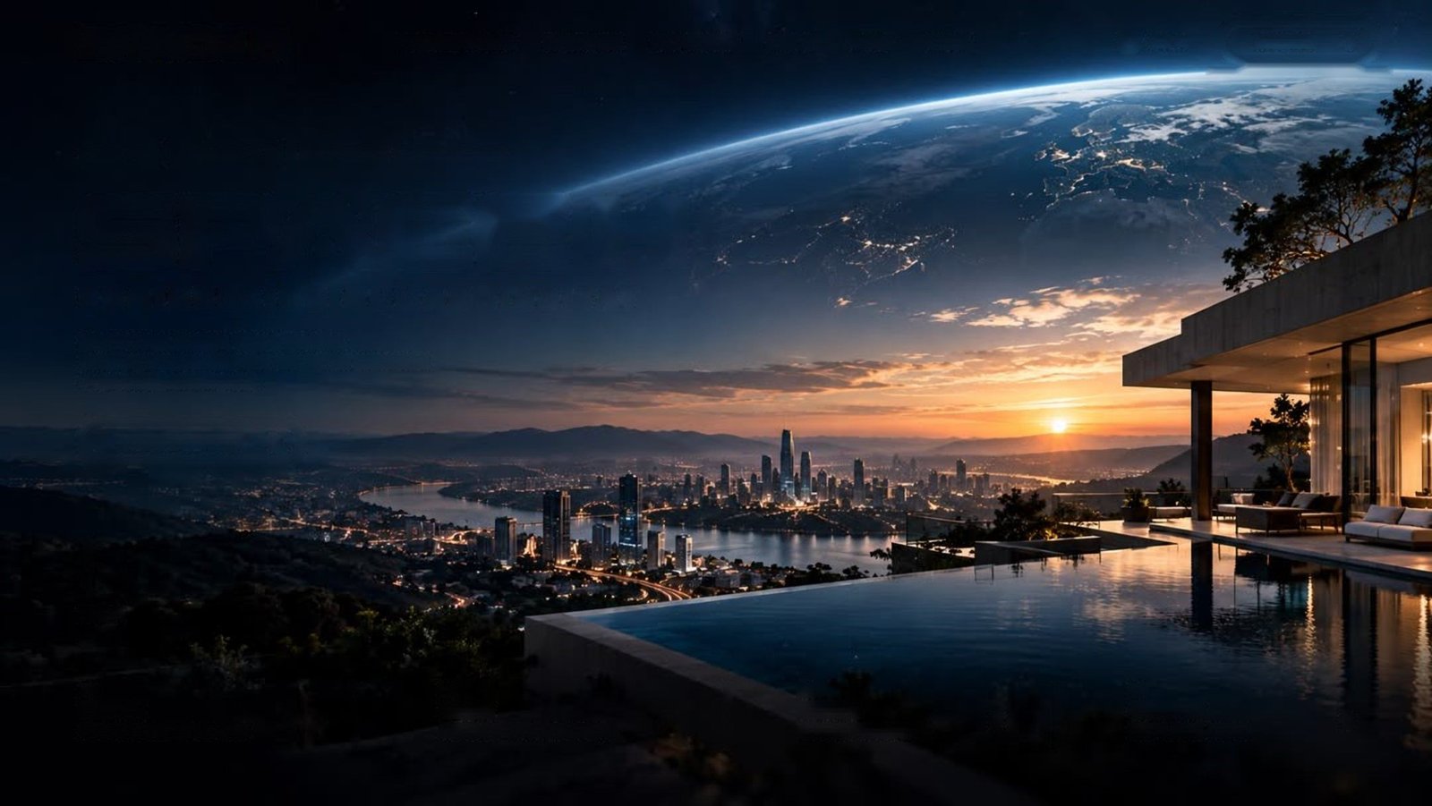 A villa terrace with an infinity pool overlooking a city at sunset, with Earth's horizon seen from space above