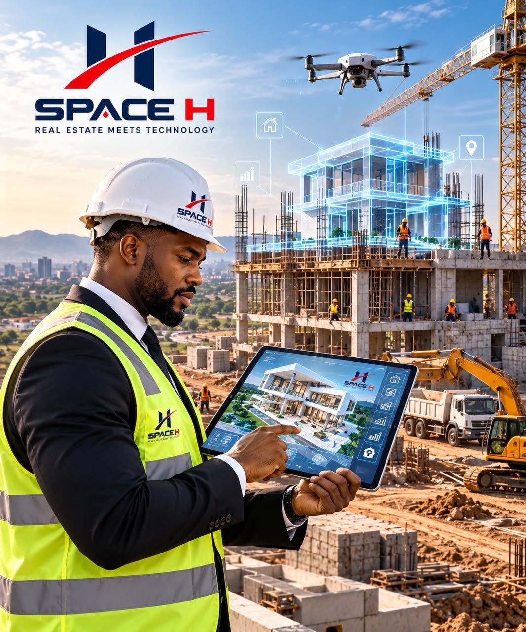 A Space H site manager reviewing a development on a tablet at a construction site